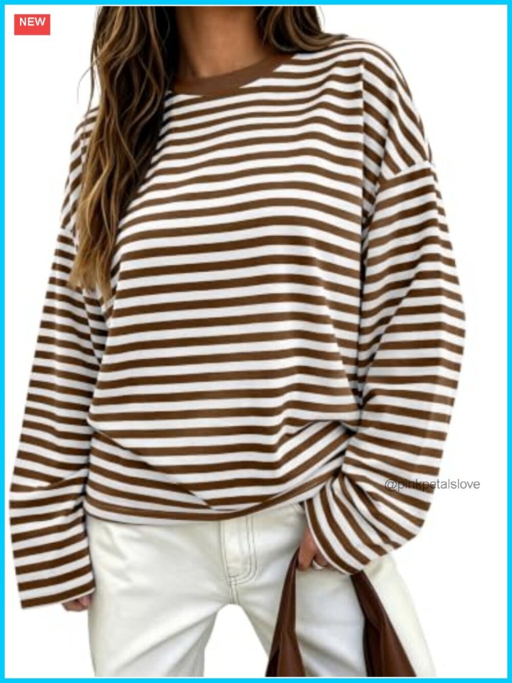 Oversized Striped Long Sleeve Tee Drop Shoulder Ribbed Trim Casual Top